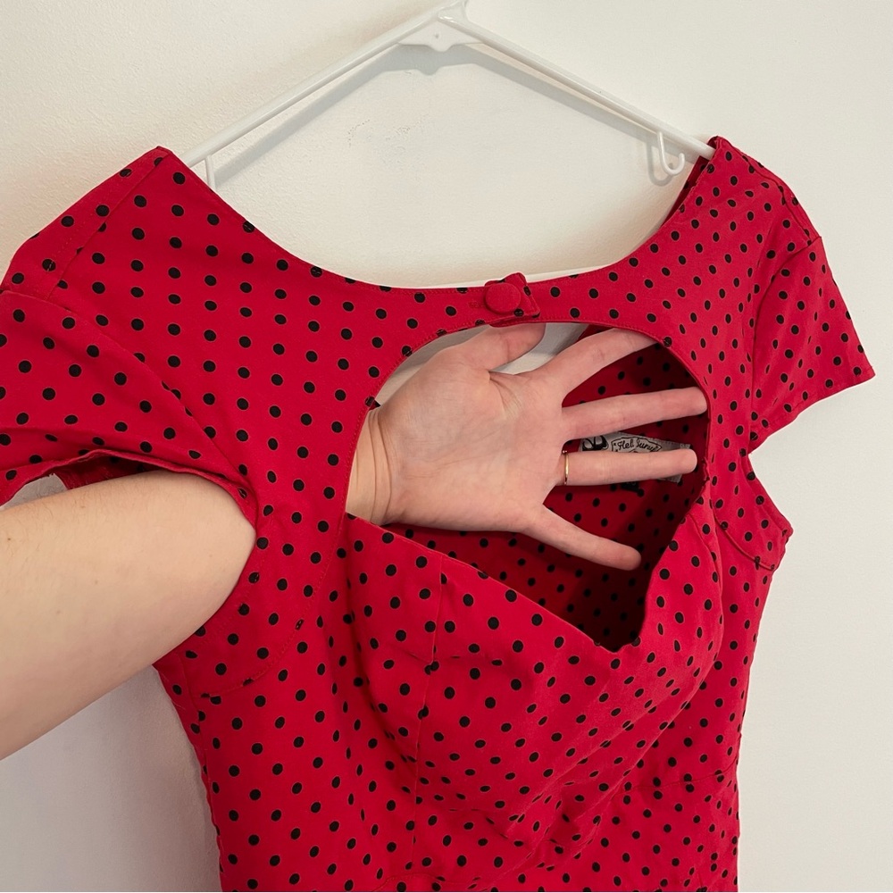 HELL BUNNY VIXEN Sandy Pencil Dress Red Polka Dot Retro Rockabilly Pinup US M 10 - Picture 7 of 16